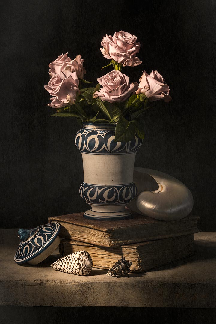 Tristan Dark Still Life Roses Nautilus Vase Books DSC 1660