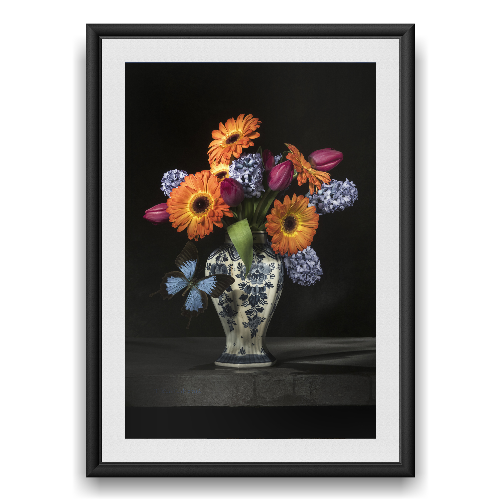 Still life with gerberas, hyacinths, tulips and butterfly
