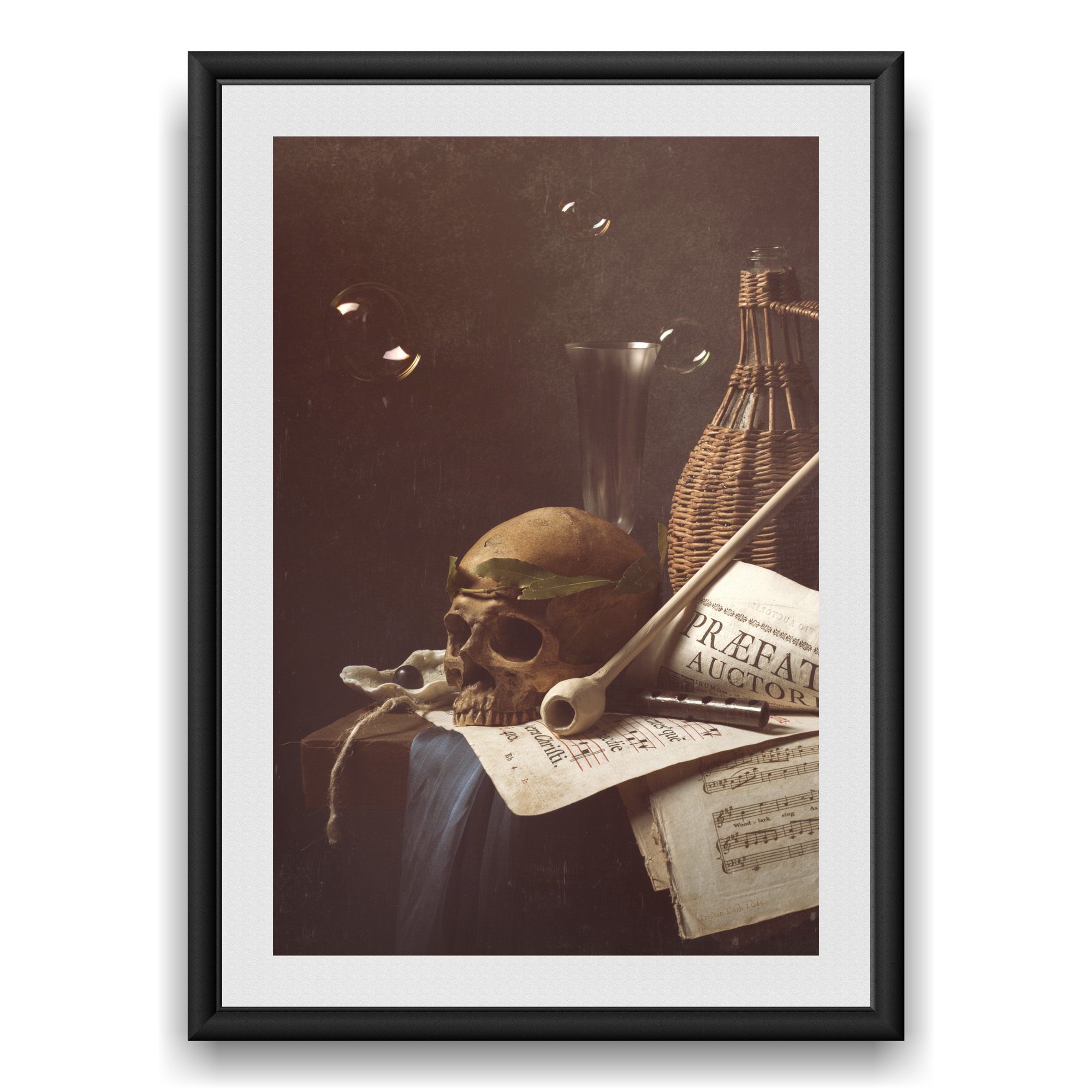 Teschio con pipa, spartito, fiasco e bolle di sapone