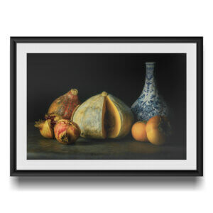 Natura morta con zucca, melograni, cachi e vaso