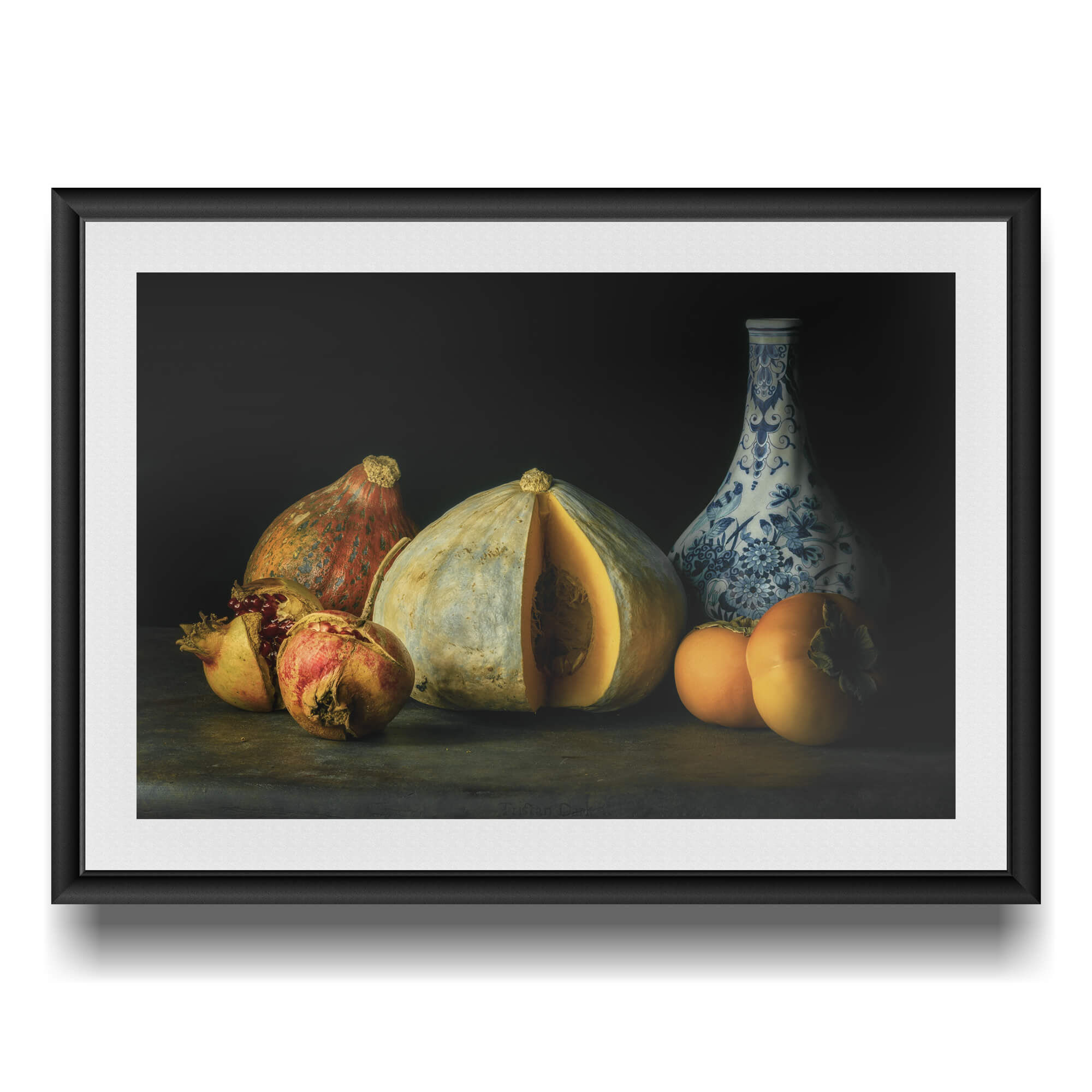 Still life with pumpkin, pomegranates, persimmons and vase